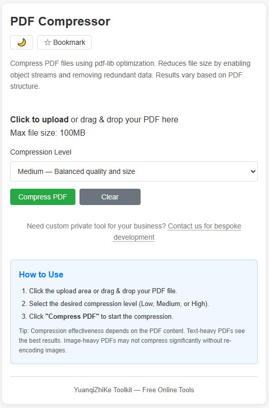 PDF Compressor tool running in the browser with drag and drop area and file size result